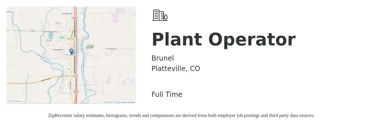 Brunel job posting for a Plant Operator in Platteville, CO with a salary of $19 to $30 Hourly with a map of Platteville location.