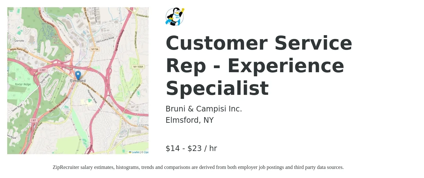 Bruni & Campisi Inc. job posting for a Customer Service Rep - Experience Specialist in Elmsford, NY with a salary of $15 to $24 Hourly with a map of Elmsford location.