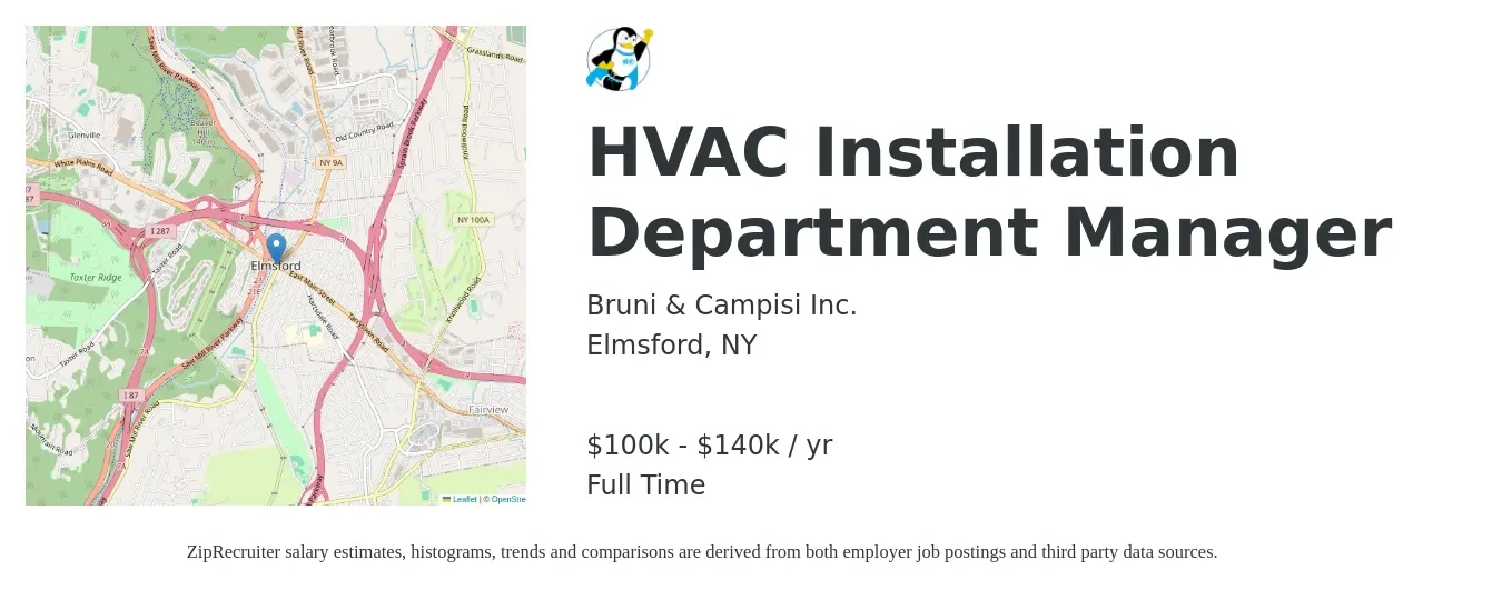 Bruni & Campisi Inc. job posting for a HVAC Installation Department Manager in Elmsford, NY with a salary of $100,000 to $140,000 Yearly with a map of Elmsford location.