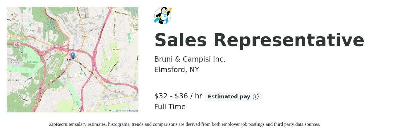Bruni & Campisi Inc. job posting for a Sales Representative in Elmsford, NY with a salary of $70,000 to $80,000 Yearly with a map of Elmsford location.
