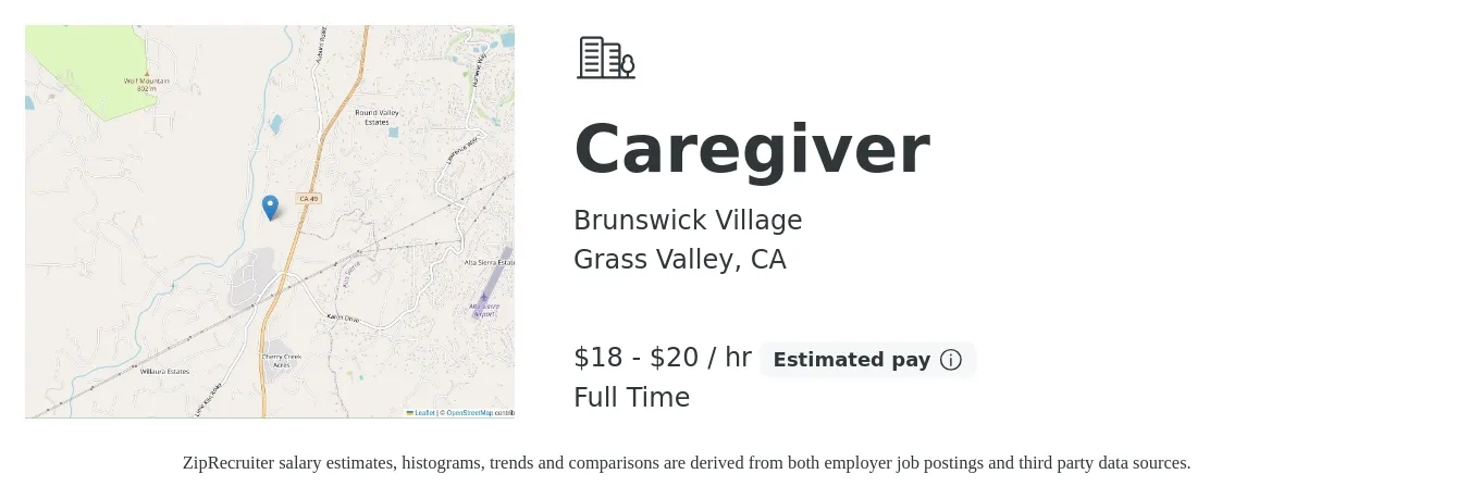 Brunswick Village job posting for a Caregiver in Grass Valley, CA with a salary of $19 to $21 Hourly with a map of Grass Valley location.