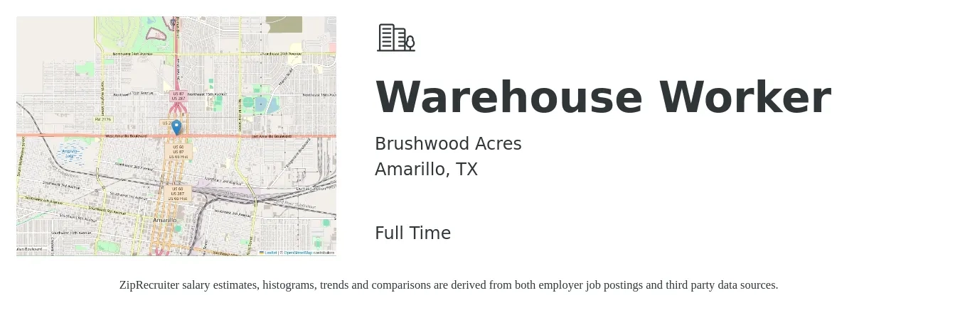 Brushwood Acres job posting for a Warehouse Worker in Amarillo, TX with a salary of $14 to $17 Hourly with a map of Amarillo location.