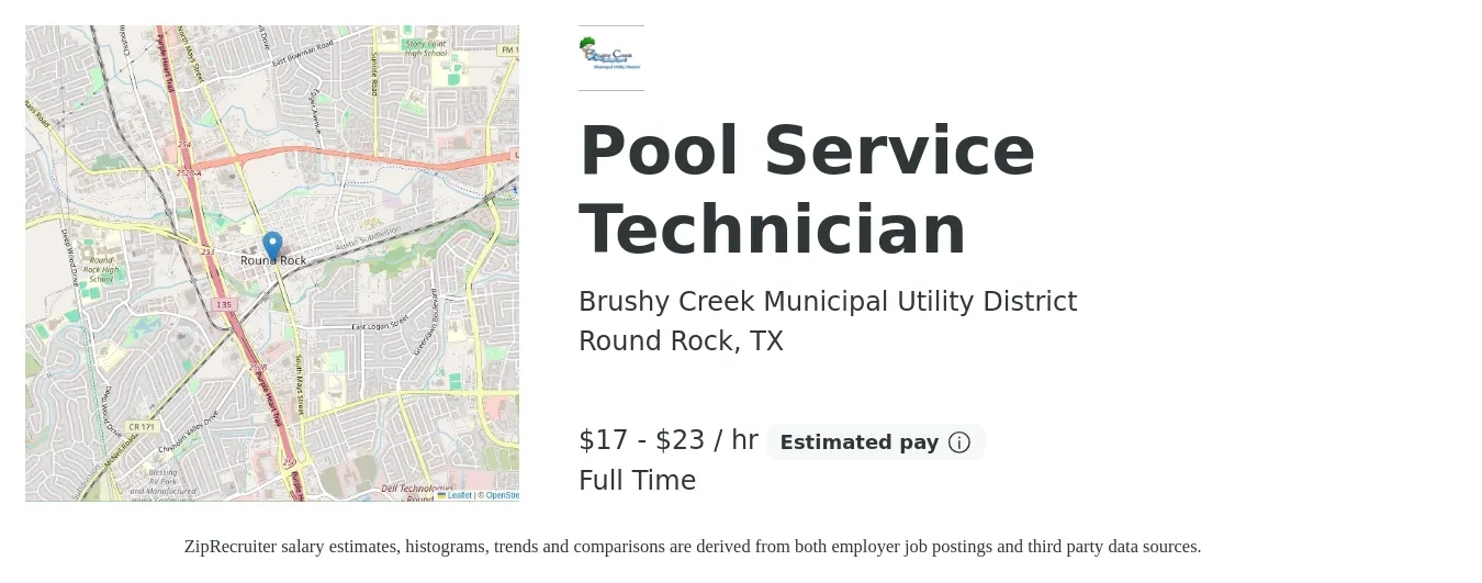 Brushy Creek Municipal Utility District job posting for a Pool Service Technician in Round Rock, TX with a salary of $18 to $24 Hourly with a map of Round Rock location.