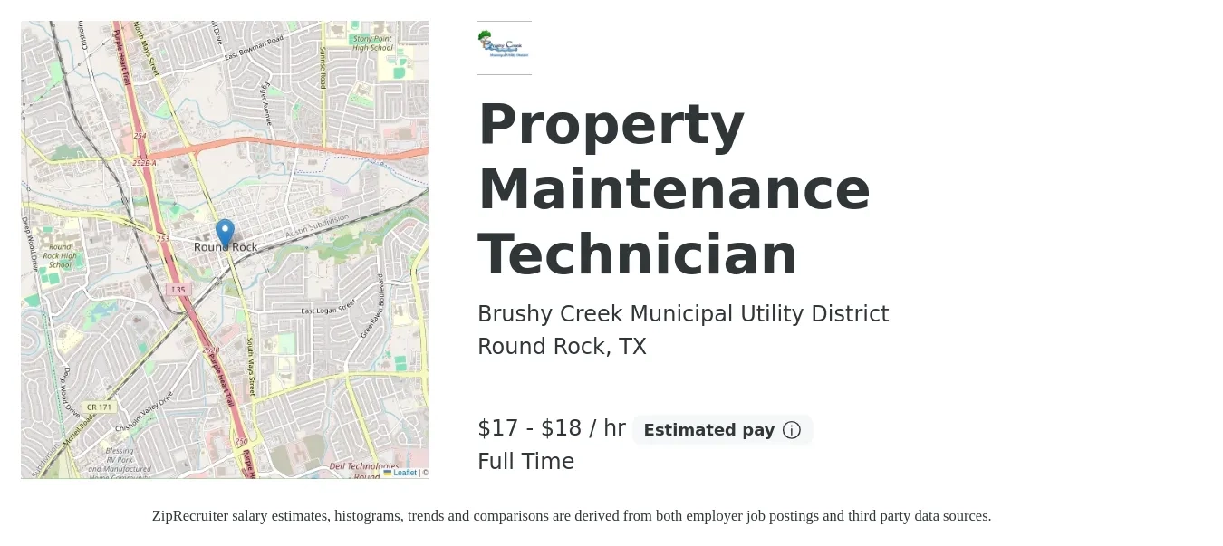 Brushy Creek Municipal Utility District job posting for a Property Maintenance Technician in Round Rock, TX with a salary of $18 to $19 Hourly with a map of Round Rock location.