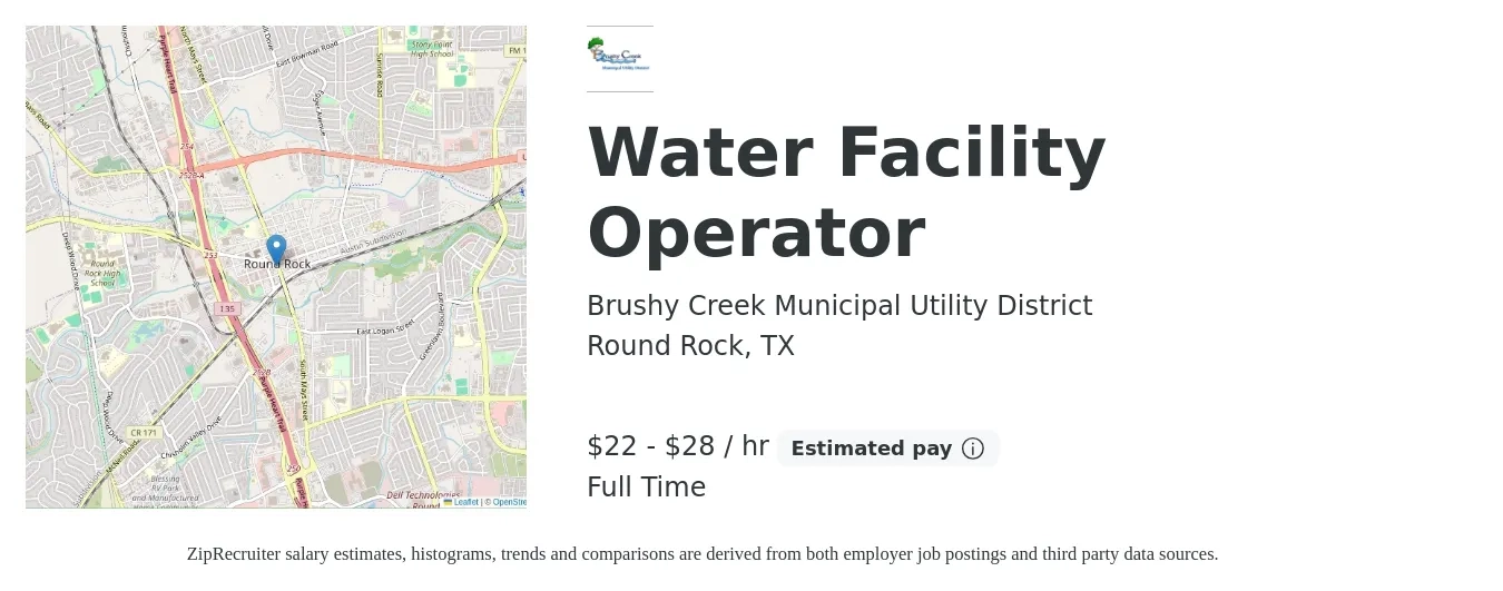 Brushy Creek Municipal Utility District job posting for a Water Facility Operator in Round Rock, TX with a salary of $23 to $30 Hourly with a map of Round Rock location.