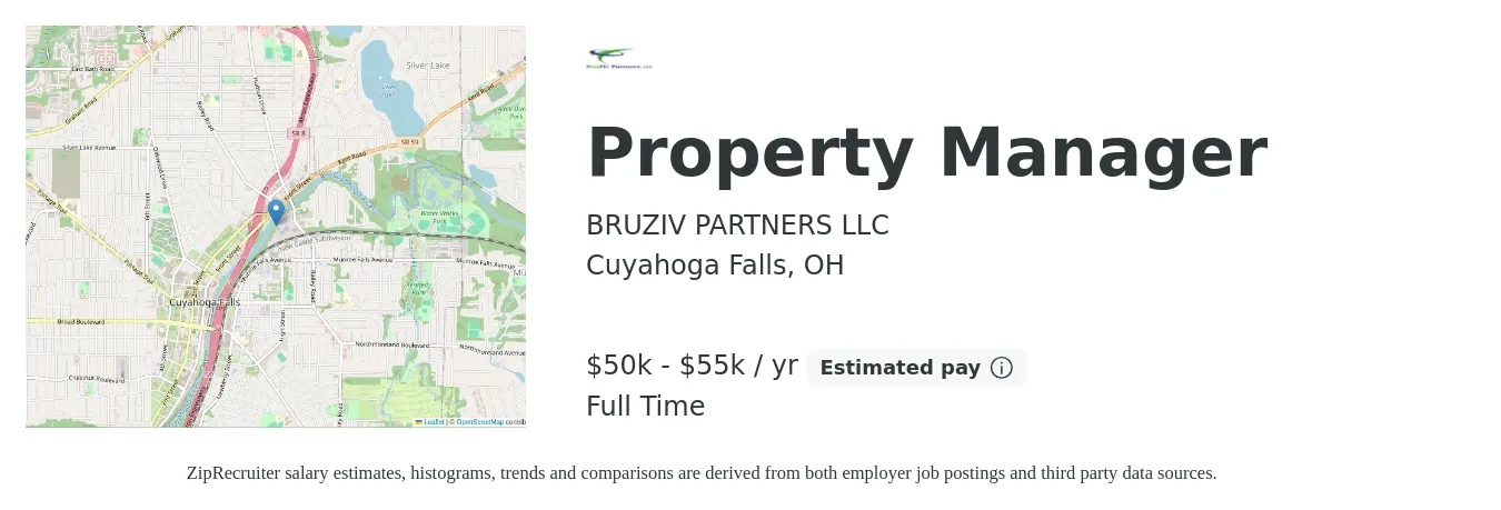 BRUZIV PARTNERS LLC job posting for a Property Manager in Cuyahoga Falls, OH with a salary of $50,000 to $55,000 Yearly with a map of Cuyahoga Falls location.
