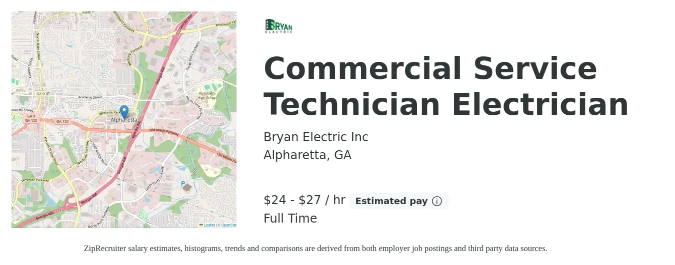 Bryan Electric Inc job posting for a Commercial Service Technician Electrician in Alpharetta, GA with a salary of $25 to $29 Hourly with a map of Alpharetta location.