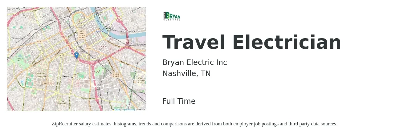 Bryan Electric Inc job posting for a Travel Electrician in Nashville, TN with a salary of $27 to $37 Hourly with a map of Nashville location.