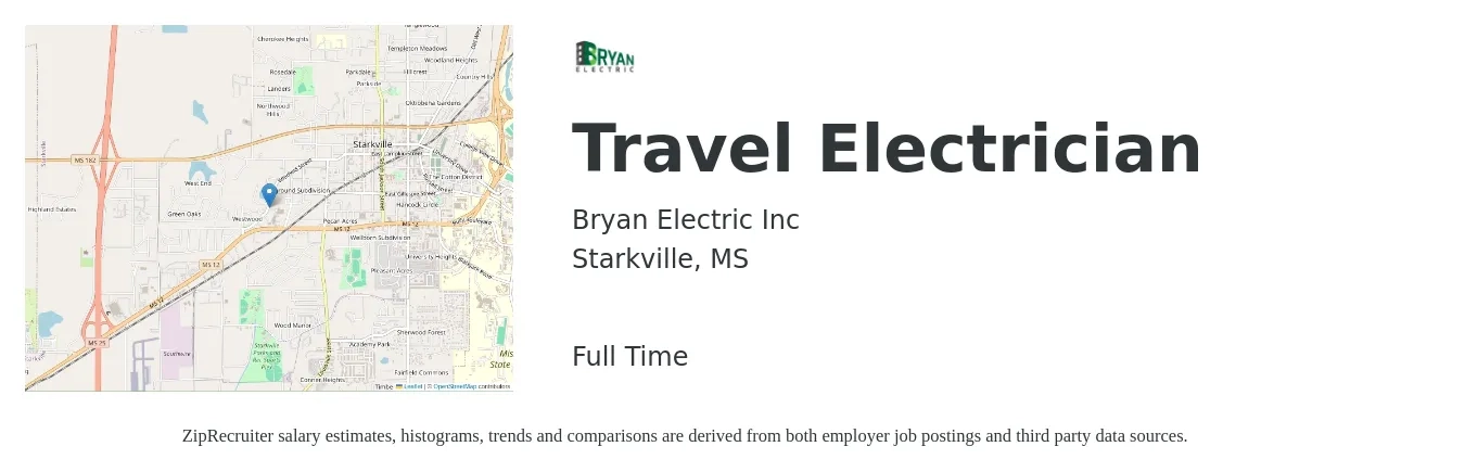 Bryan Electric Inc job posting for a Travel Electrician in Starkville, MS with a salary of $25 to $34 Hourly with a map of Starkville location.