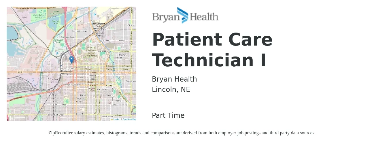Bryan Health job posting for a Patient Care Technician I in Lincoln, NE with a salary of $16 to $19 Hourly with a map of Lincoln location.