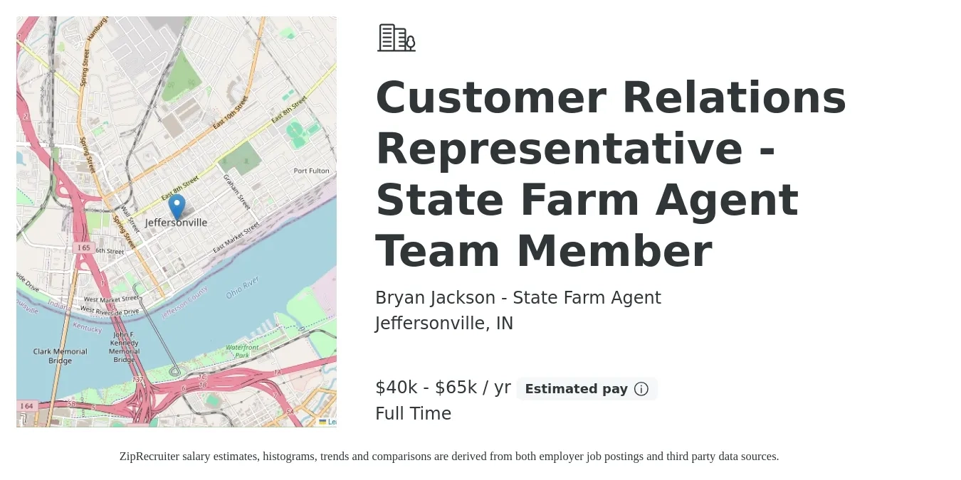 Bryan Jackson - State Farm Agent job posting for a Customer Relations Representative - State Farm Agent Team Member in Jeffersonville, IN with a salary of $40,000 to $65,000 Yearly with a map of Jeffersonville location.