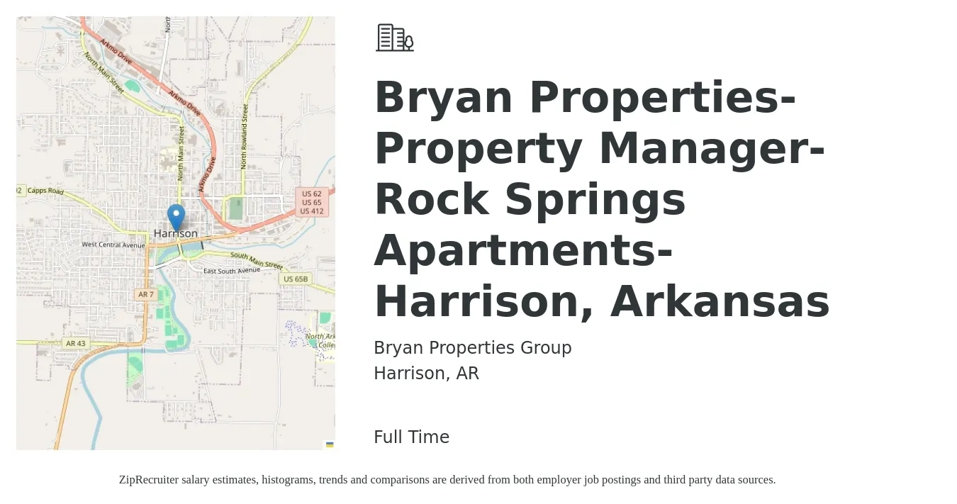 Bryan Properties Group job posting for a Bryan Properties-Property Manager-Rock Springs Apartments- Harrison, Arkansas in Harrison, AR with a salary of $45,000 to $55,000 Yearly with a map of Harrison location.
