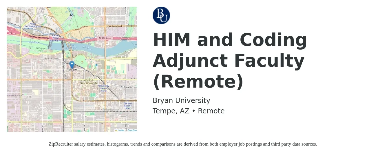 Bryan University job posting for a HIM and Coding Adjunct Faculty (Remote) in Tempe, AZ with a salary of $36 to $68 Hourly with a map of Tempe location.