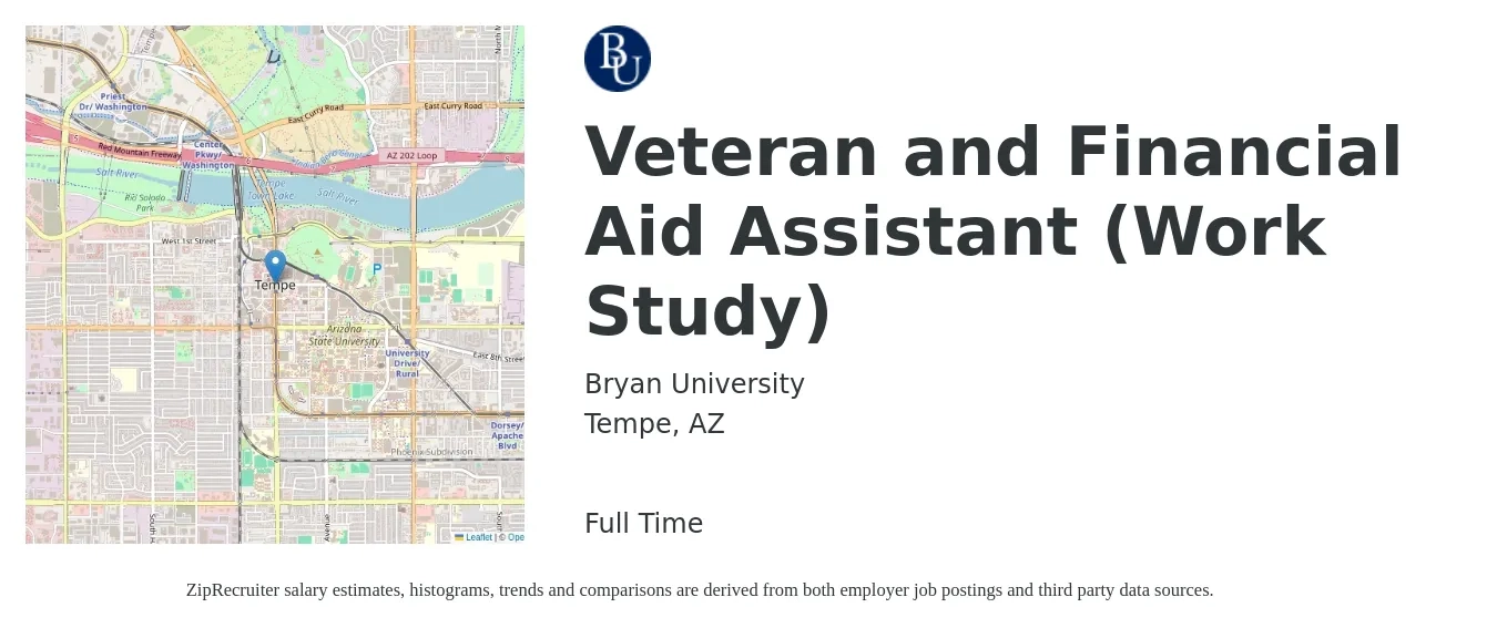 Bryan University job posting for a Veteran and Financial Aid Assistant (Work Study) in Tempe, AZ with a salary of $18 to $26 Hourly with a map of Tempe location.