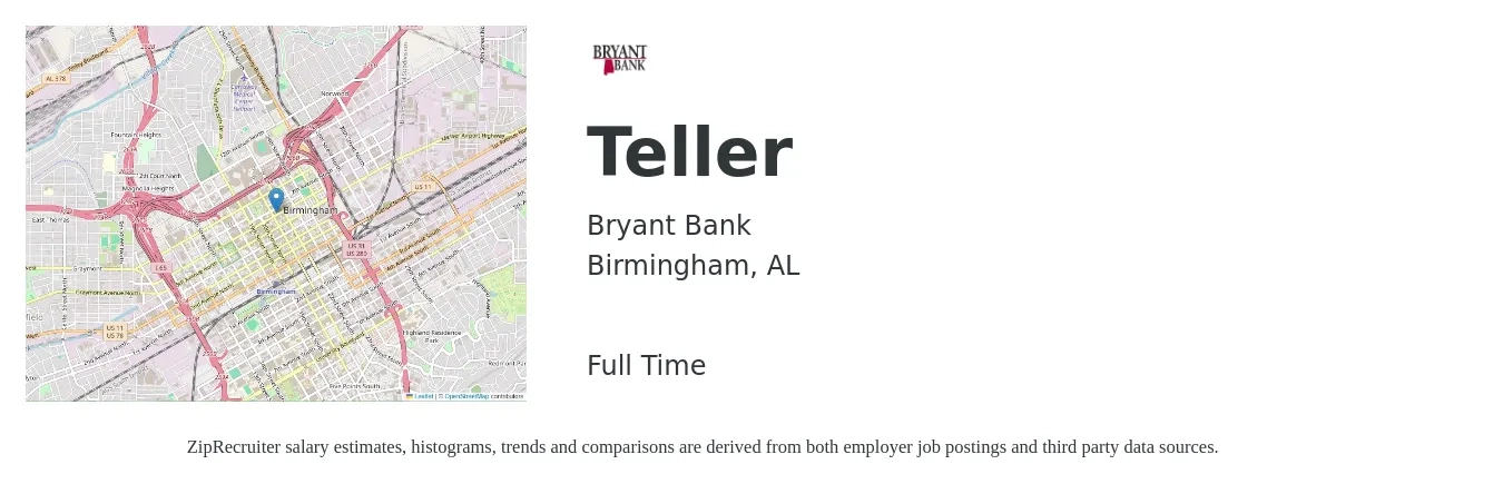 Bryant Bank job posting for a Teller in Birmingham, AL with a salary of $15 to $19 Hourly with a map of Birmingham location.