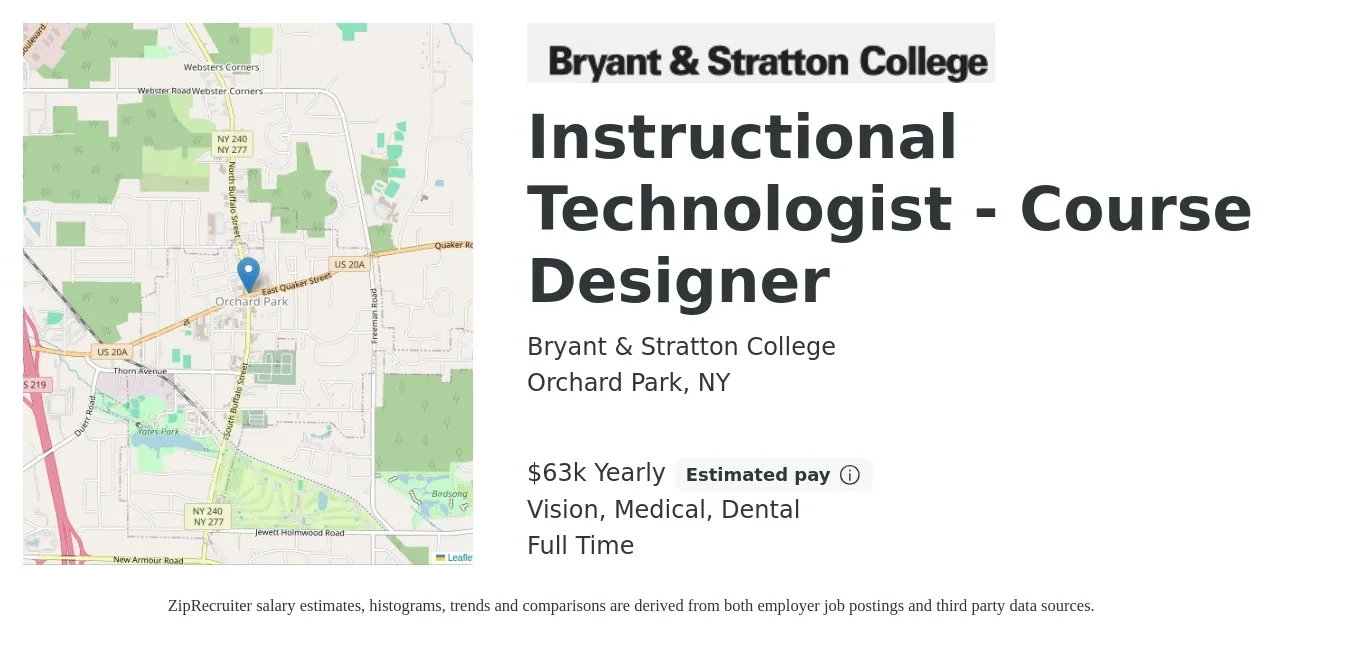 Bryant & Stratton College job posting for a Instructional Technologist - Course Designer in Orchard Park, NY with a salary of $63,000 Yearly and benefits including medical, retirement, vision, dental, and life_insurance with a map of Orchard Park location.