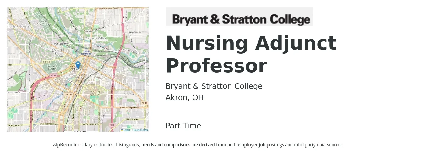 Bryant & Stratton College job posting for a Nursing Adjunct Professor in Akron, OH with a salary of $29 to $58 Hourly with a map of Akron location.