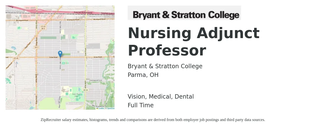 Bryant & Stratton College job posting for a Nursing Adjunct Professor in Parma, OH with a salary of $28 to $57 Hourly and benefits including dental, life_insurance, medical, retirement, and vision with a map of Parma location.