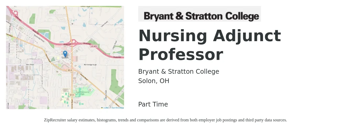 Bryant & Stratton College job posting for a Nursing Adjunct Professor in Solon, OH with a salary of $28 to $56 Hourly with a map of Solon location.