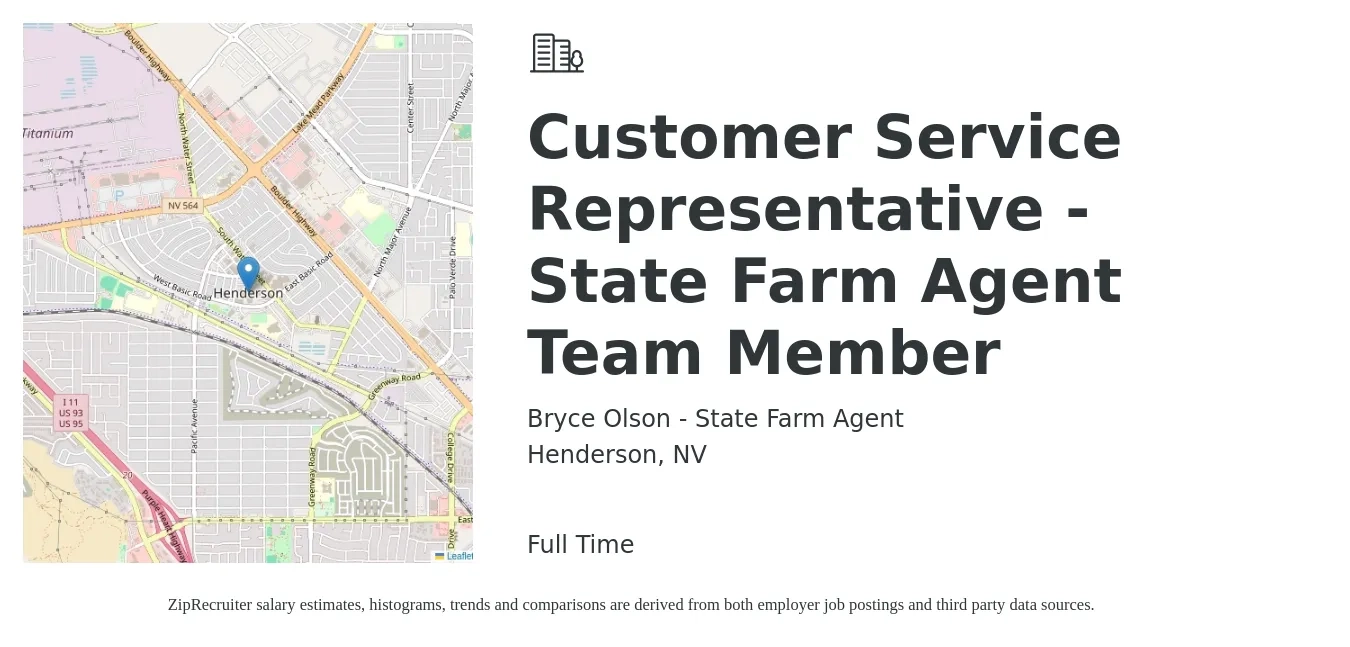 Bryce Olson - State Farm Agent job posting for a Customer Service Representative - State Farm Agent Team Member in Henderson, NV with a salary of $36,200 to $49,800 Yearly with a map of Henderson location.