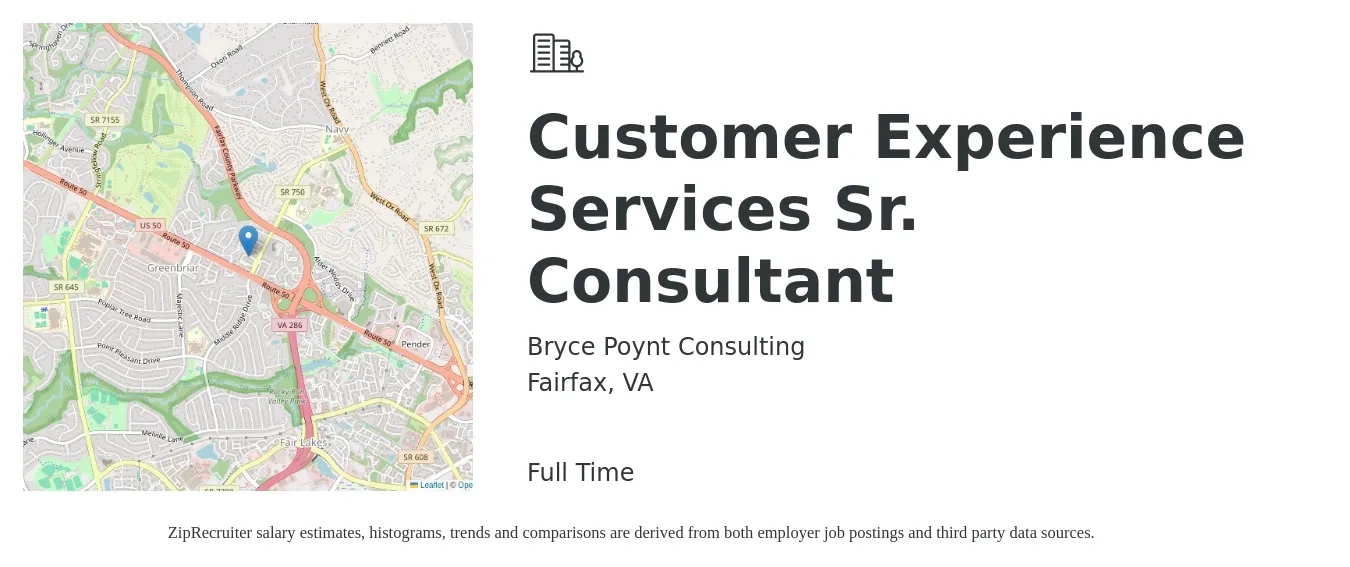 Bryce Poynt Consulting job posting for a Customer Experience Services Sr. Consultant in Fairfax, VA with a salary of $20 to $25 Hourly with a map of Fairfax location.