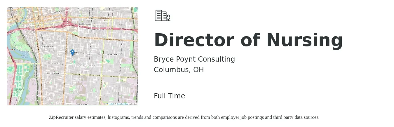 Bryce Poynt Consulting job posting for a Director of Nursing in Columbus, OH with a salary of $80,200 to $121,200 Yearly with a map of Columbus location.