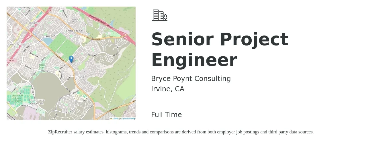 Bryce Poynt Consulting job posting for a Senior Project Engineer in Irvine, CA with a salary of $106,300 to $138,500 Yearly with a map of Irvine location.