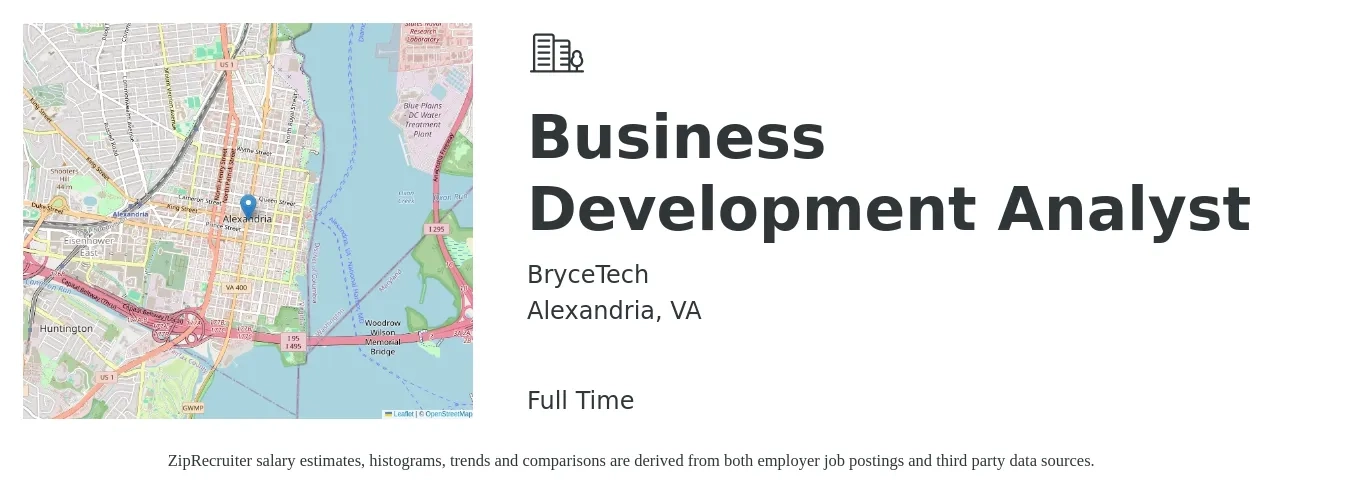 BryceTech job posting for a Business Development Analyst in Alexandria, VA with a salary of $69,600 to $106,500 Yearly with a map of Alexandria location.