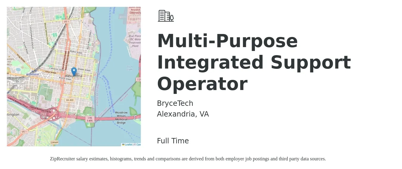 BryceTech job posting for a Multi-Purpose Integrated Support Operator in Alexandria, VA with a salary of $80,000 to $90,000 Yearly with a map of Alexandria location.