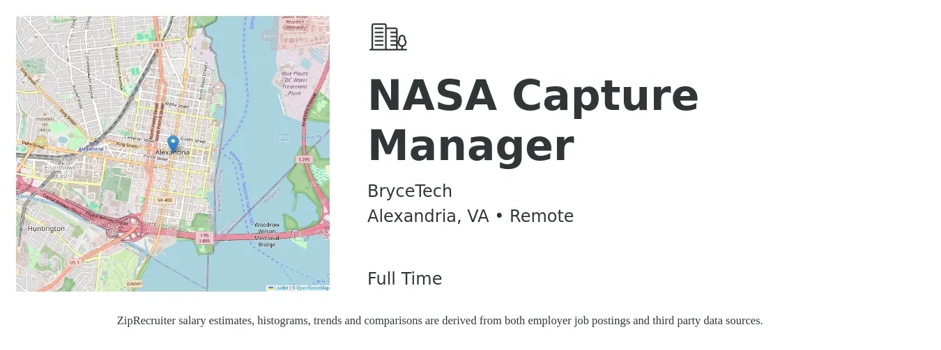 BryceTech job posting for a NASA Capture Manager in Alexandria, VA with a salary of $62,600 to $115,100 Yearly with a map of Alexandria location.