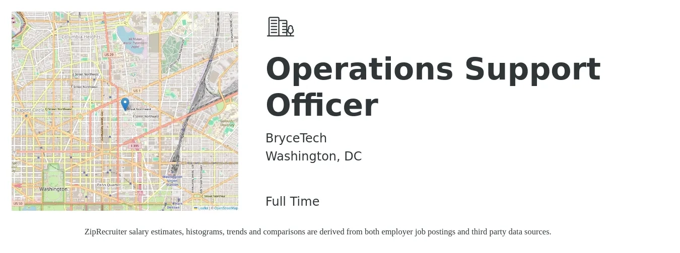 BryceTech job posting for a Operations Support Officer in Washington, DC with a salary of $44,700 to $116,100 Yearly with a map of Washington location.