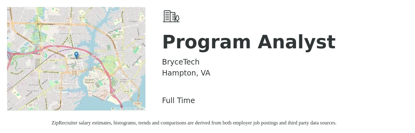 BryceTech job posting for a Program Analyst in Hampton, VA with a salary of $66,700 to $112,100 Yearly with a map of Hampton location.