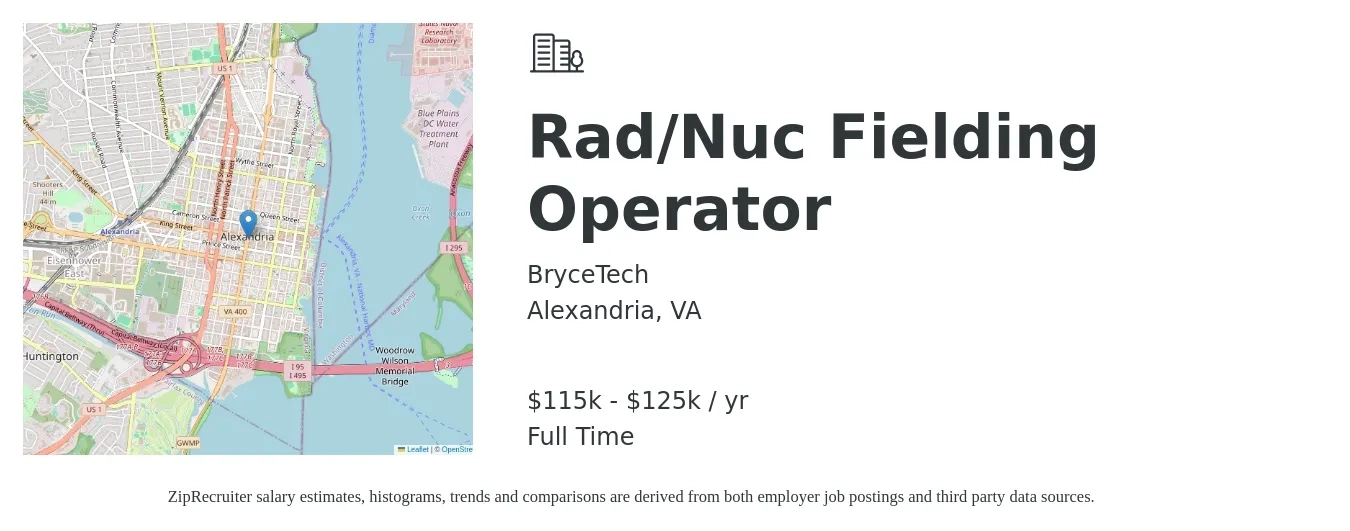 BryceTech job posting for a Rad/Nuc Fielding Operator in Alexandria, VA with a salary of $115,000 to $125,000 Yearly with a map of Alexandria location.