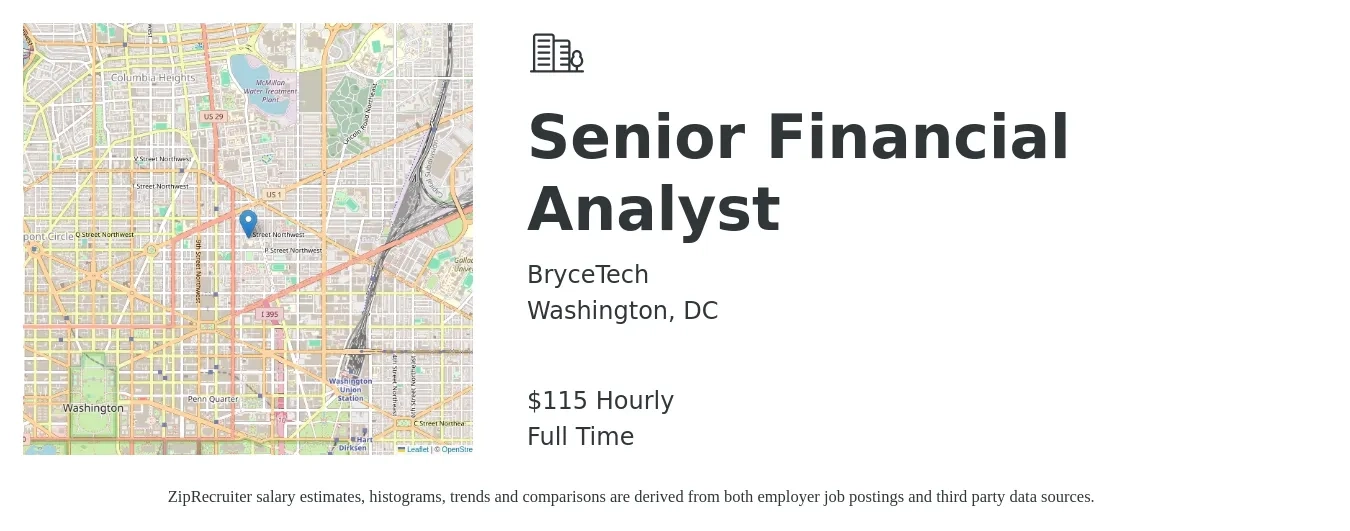 BryceTech job posting for a Senior Financial Analyst in Washington, DC with a salary of $120 Hourly with a map of Washington location.