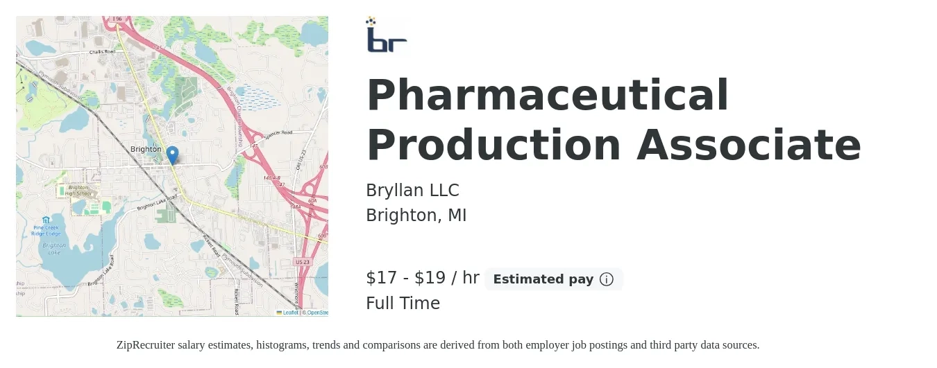 Bryllan LLC job posting for a Pharmaceutical Production Associate in Brighton, MI with a salary of $18 to $20 Hourly with a map of Brighton location.