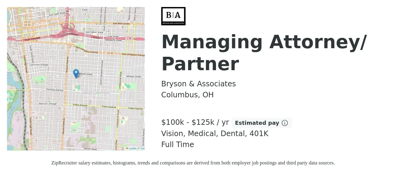 Bryson & Associates job posting for a Managing Attorney/ Partner in Columbus, OH with a salary of $100,000 to $125,000 Yearly and benefits including 401k, dental, medical, and vision with a map of Columbus location.