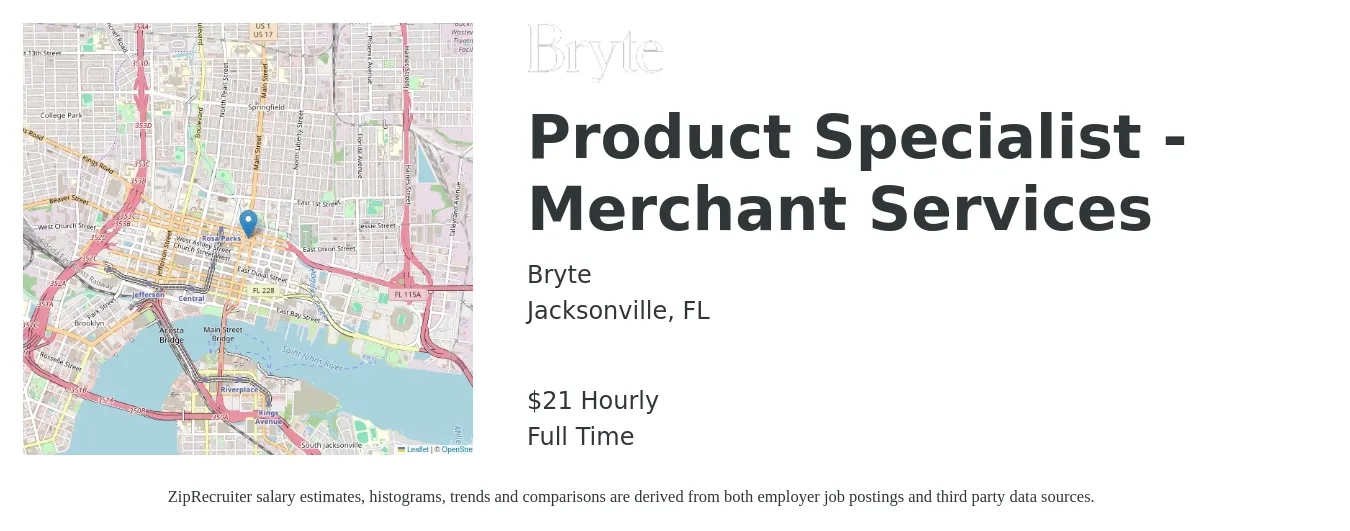 Bryte job posting for a Product Specialist - Merchant Services in Jacksonville, FL with a salary of $22 Hourly with a map of Jacksonville location.