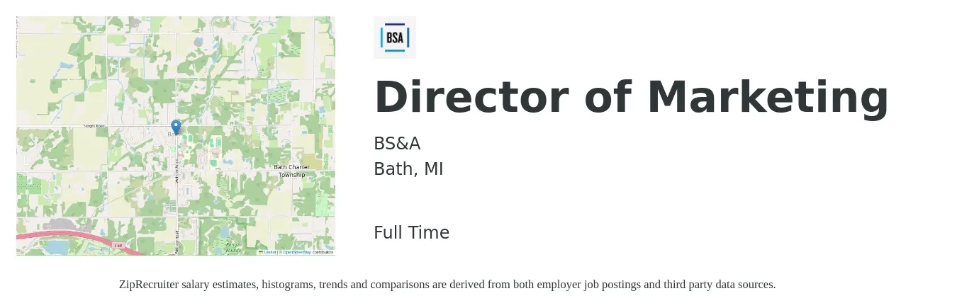 BS&A job posting for a Director of Marketing in Bath, MI with a salary of $64,600 to $118,800 Yearly with a map of Bath location.