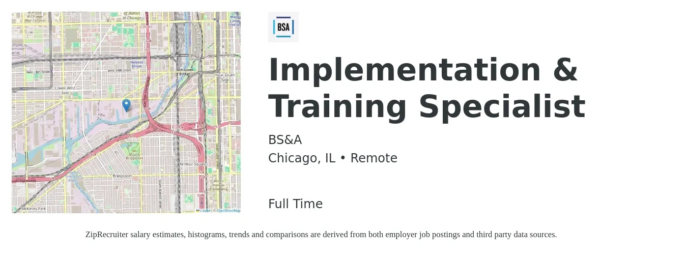BS&A job posting for a Implementation & Training Specialist in Chicago, IL with a salary of $27 to $37 Hourly with a map of Chicago location.