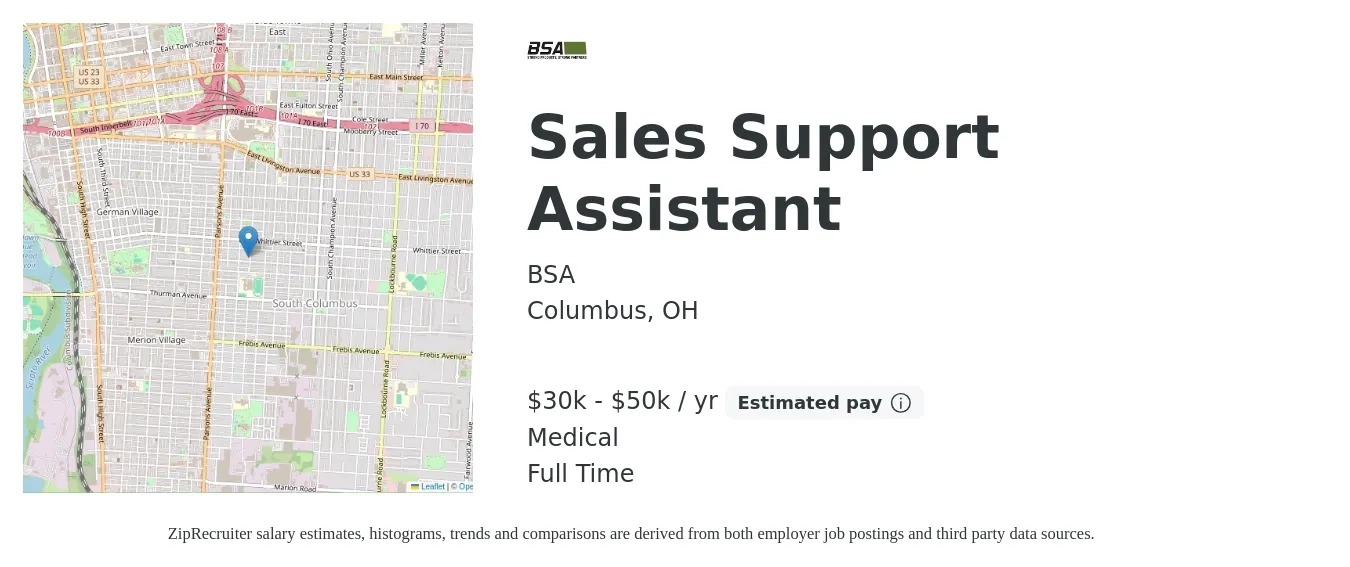 BSA job posting for a Sales Support Assistant in Columbus, OH with a salary of $30,000 to $50,000 Yearly and benefits including medical, and retirement with a map of Columbus location.