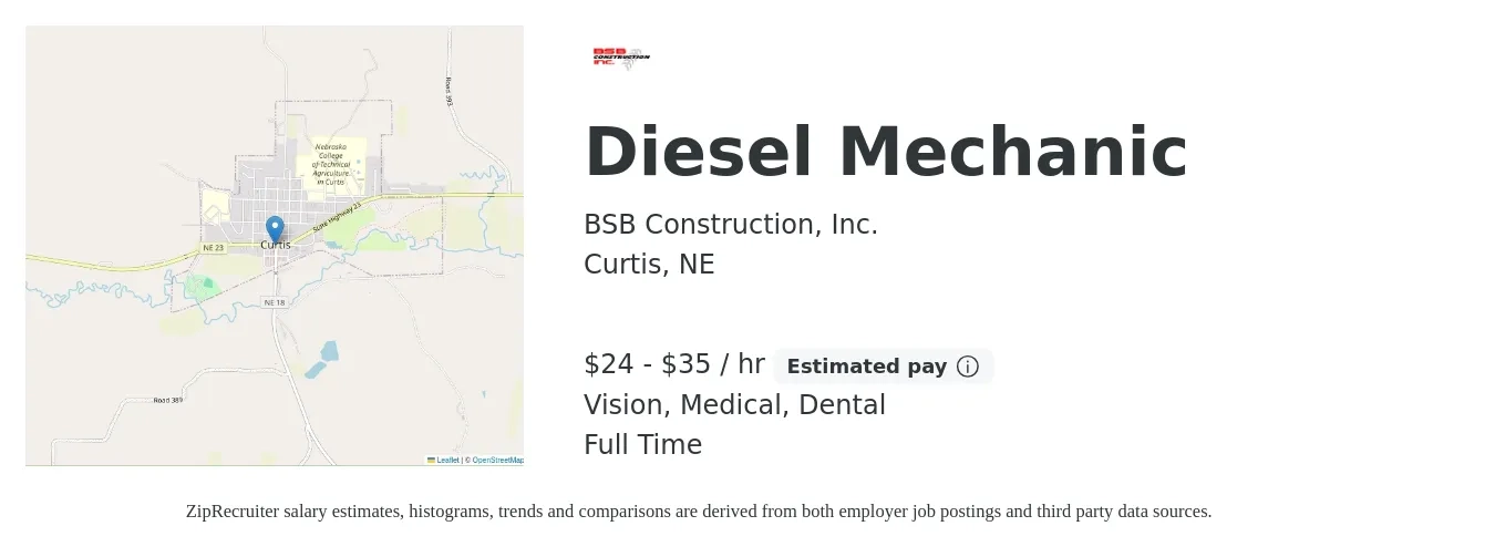 BSB Construction, Inc. job posting for a Diesel Mechanic in Curtis, NE with a salary of $25 to $37 Hourly and benefits including dental, life_insurance, medical, retirement, and vision with a map of Curtis location.