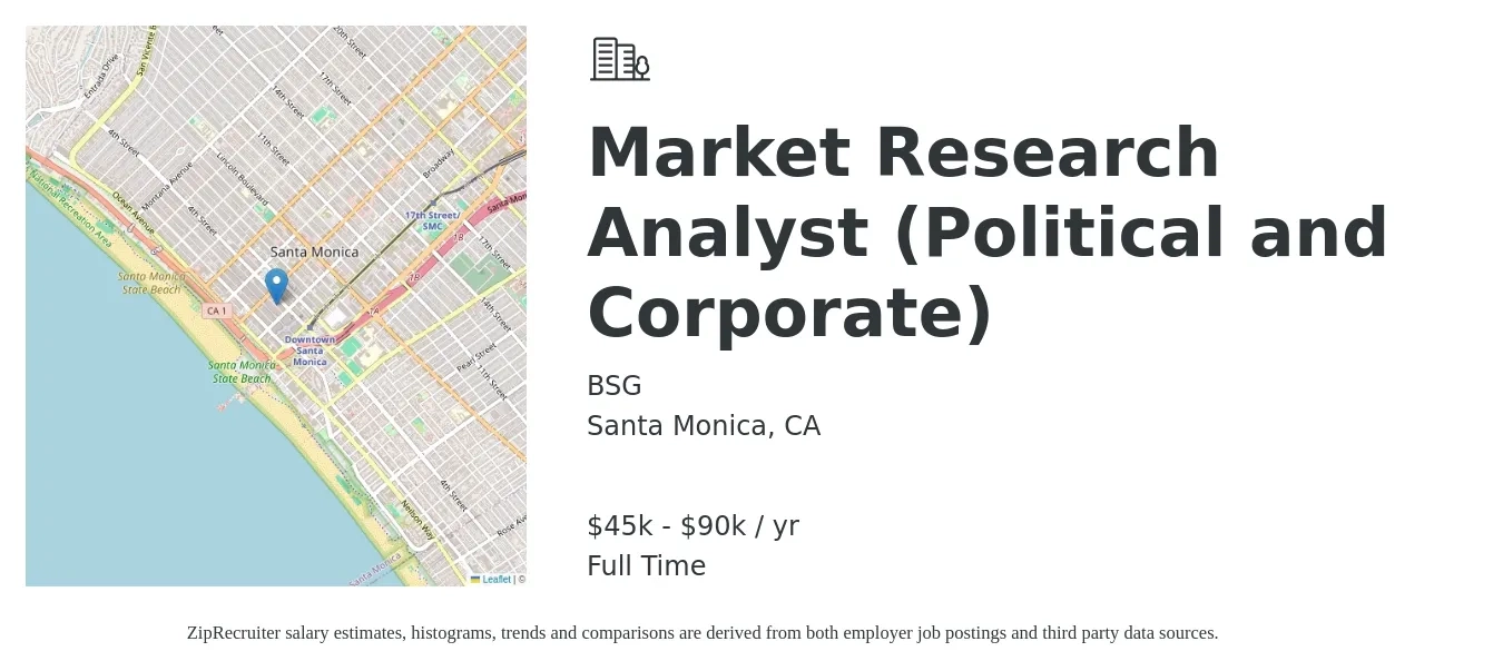 BSG job posting for a Market Research Analyst (Political and Corporate) in Santa Monica, CA with a salary of $45,000 to $90,000 Yearly with a map of Santa Monica location.