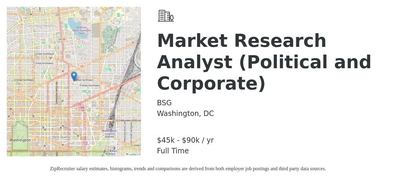 BSG job posting for a Market Research Analyst (Political and Corporate) in Washington, DC with a salary of $45,000 to $90,000 Yearly with a map of Washington location.