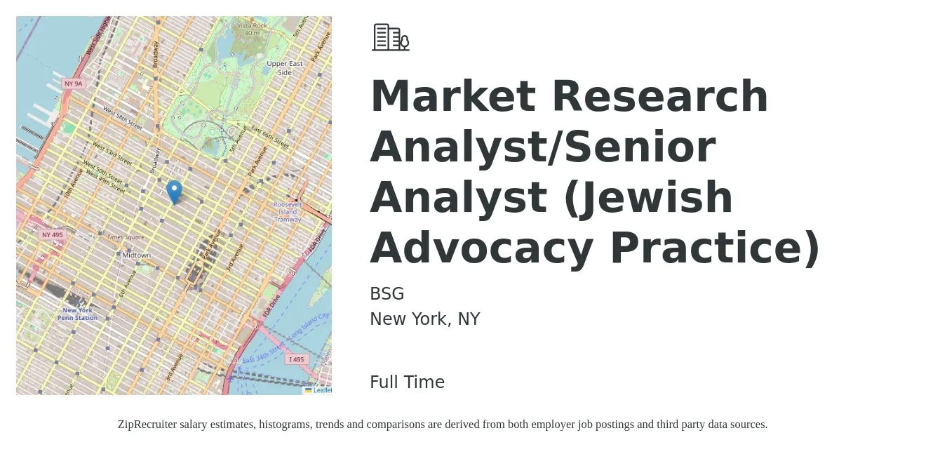 BSG job posting for a Market Research Analyst/Senior Analyst (Jewish Advocacy Practice) in New York, NY with a salary of $68,250 to $89,000 Yearly with a map of New York location.