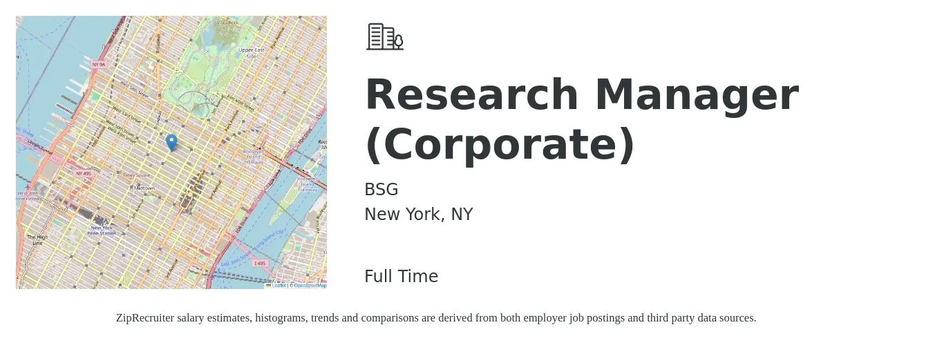 BSG job posting for a Research Manager (Corporate) in New York, NY with a salary of $90,000 to $110,000 Yearly with a map of New York location.