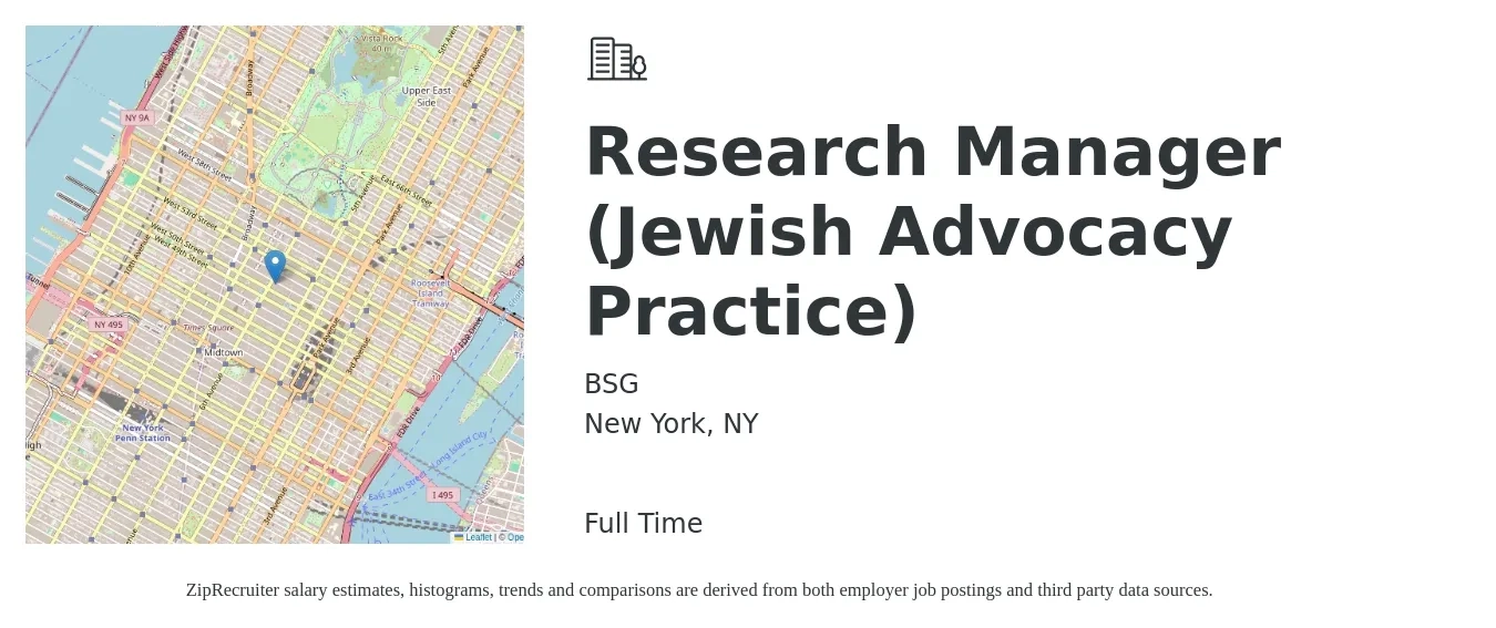 BSG job posting for a Research Manager (Jewish Advocacy Practice) in New York, NY with a salary of $78,800 to $125,300 Yearly with a map of New York location.