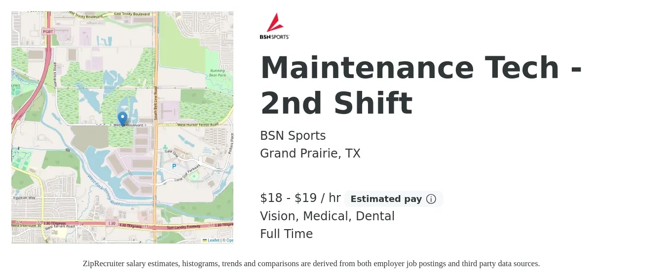 BSN Sports job posting for a Maintenance Tech - 2nd Shift in Grand Prairie, TX with a salary of $19 to $20 Hourly and benefits including dental, life_insurance, medical, retirement, and vision with a map of Grand Prairie location.