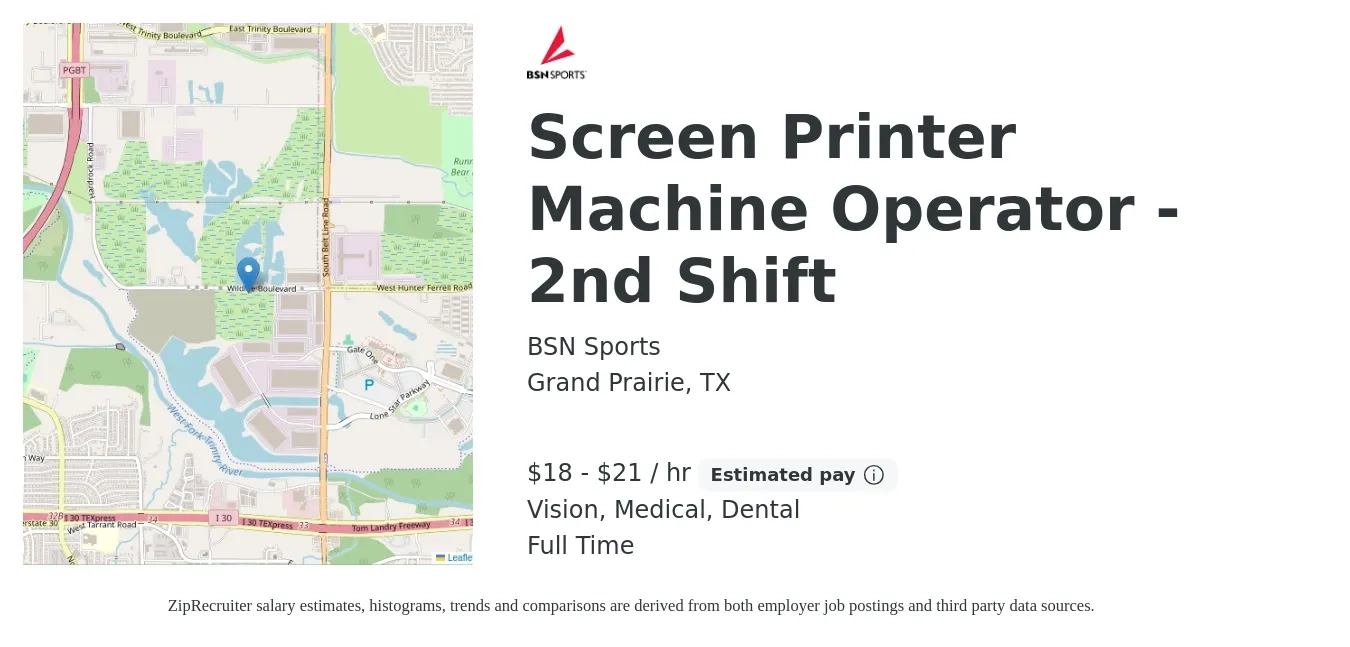 BSN Sports job posting for a Screen Printer Machine Operator - 2nd Shift in Grand Prairie, TX with a salary of $19 to $22 Hourly and benefits including medical, retirement, vision, dental, and life_insurance with a map of Grand Prairie location.