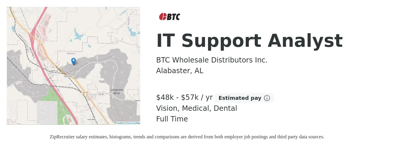 BTC Wholesale Distributors Inc. job posting for a IT Support Analyst in Alabaster, AL with a salary of $48,000 to $57,500 Yearly and benefits including dental, life_insurance, medical, pto, retirement, and vision with a map of Alabaster location.