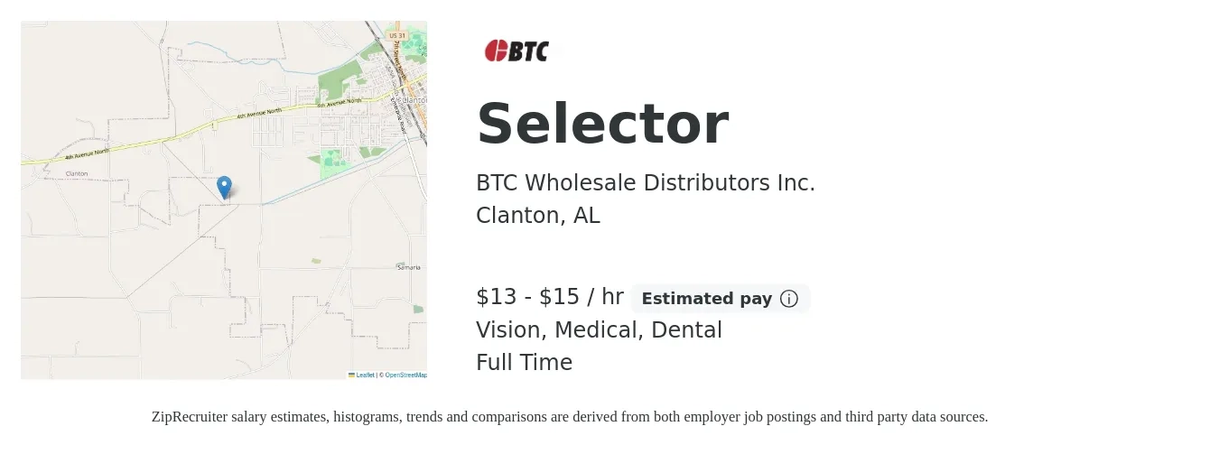 BTC Wholesale Distributors Inc. job posting for a Selector in Clanton, AL with a salary of $14 to $16 Hourly and benefits including vision, dental, life_insurance, medical, pto, and retirement with a map of Clanton location.